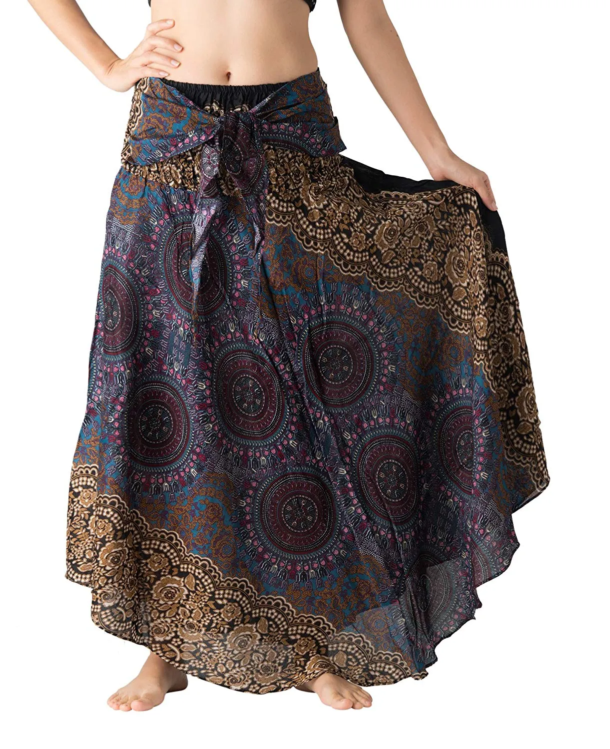 Bangkokpants Women's Long Hippie Bohemian Skirt Gypsy Dress Boho Clothes Flowers One Size Fits Asymmetric Hem Design
