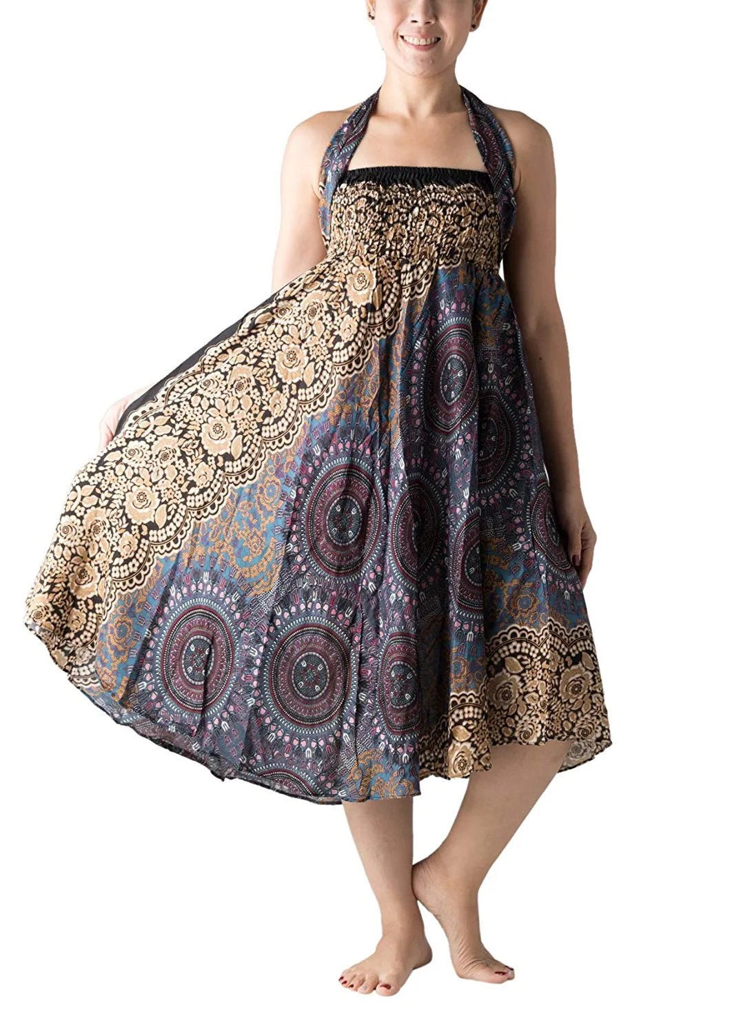 Bangkokpants Women's Long Hippie Bohemian Skirt Gypsy Dress Boho Clothes Flowers One Size Fits Asymmetric Hem Design