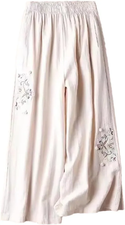 Bciopll 2025 Summer Women Thin Casual Pants Ladies Cotton Linen Pantalons Retro Embroidery Wide Leg Trousers