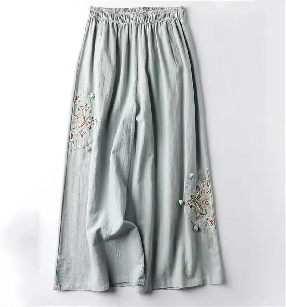 Bciopll 2025 Summer Women Thin Casual Pants Ladies Cotton Linen Pantalons Retro Embroidery Wide Leg Trousers