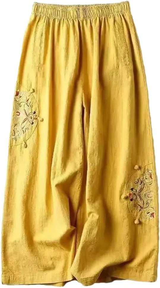 Bciopll 2025 Summer Women Thin Casual Pants Ladies Cotton Linen Pantalons Retro Embroidery Wide Leg Trousers