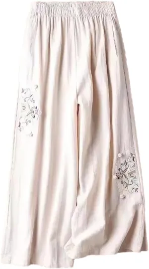 Bciopll 2025 Summer Women Thin Casual Pants Ladies Cotton Linen Pantalons Retro Embroidery Wide Leg Trousers