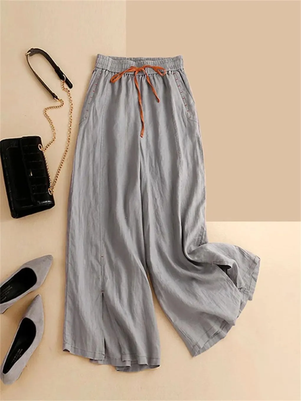 Bciopll Women 2025 Summer Solid Casual Pants Cotton Linen Wide-Leg Pant Ladies High Waist Loose Trousers