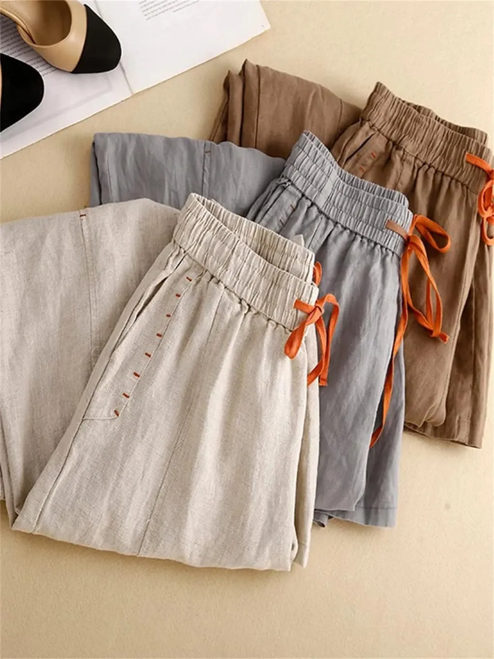 Bciopll Women 2025 Summer Solid Casual Pants Cotton Linen Wide-Leg Pant Ladies High Waist Loose Trousers