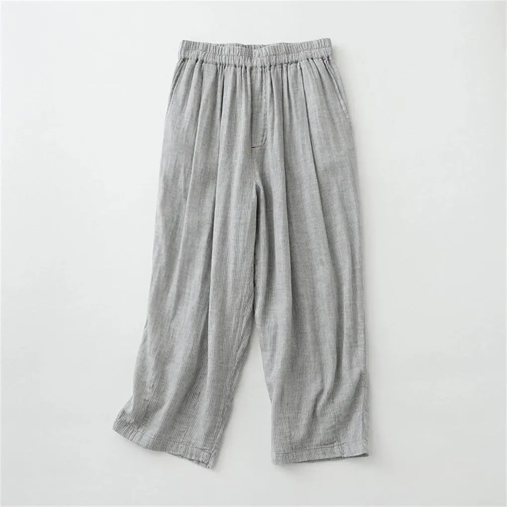 Bciopll Women Casual Harem Striped Pants Summer Cotton Linen Trousers Calf-Length Wide Legs Pants