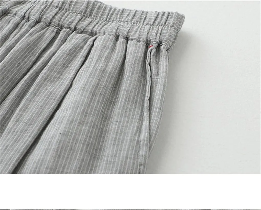 Bciopll Women Casual Harem Striped Pants Summer Cotton Linen Trousers Calf-Length Wide Legs Pants