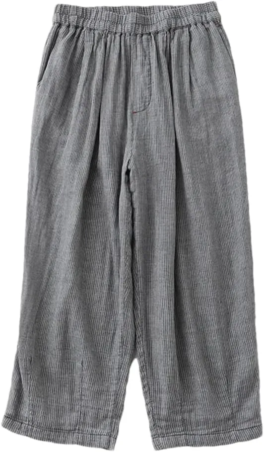 Bciopll Women Casual Harem Striped Pants Summer Cotton Linen Trousers Calf-Length Wide Legs Pants