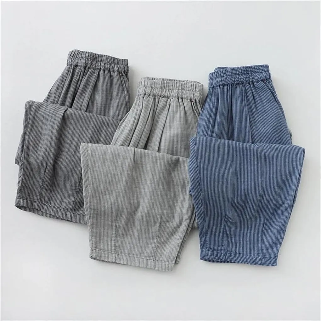 Bciopll Women Casual Harem Striped Pants Summer Cotton Linen Trousers Calf-Length Wide Legs Pants