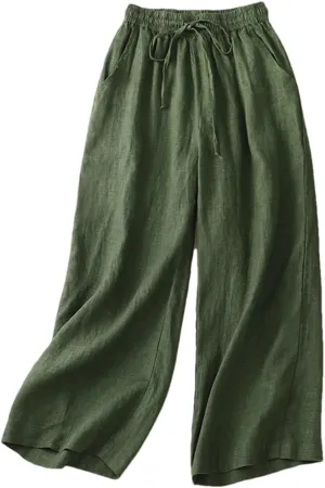 Bciopll Women Vitnage Cotton Linen Calf-Length Casual Pants Drawstring Elastic Waist Wide Legs Trousers Summer