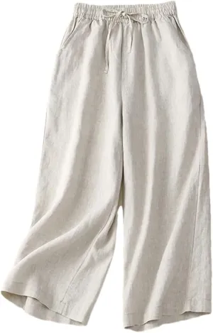 Bciopll Women Vitnage Cotton Linen Calf-Length Casual Pants Drawstring Elastic Waist Wide Legs Trousers Summer