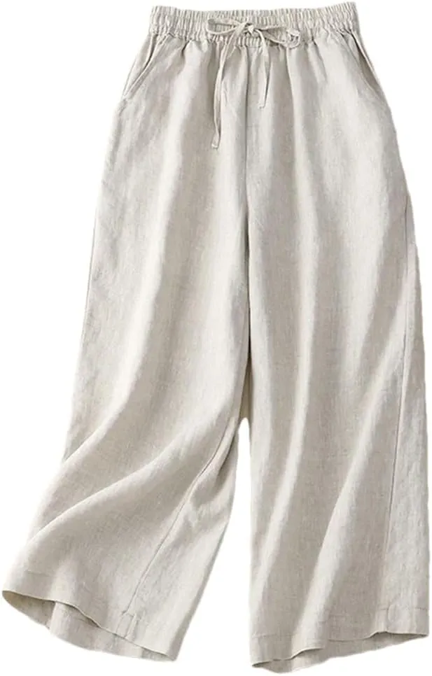 Bciopll Women Vitnage Cotton Linen Calf-Length Casual Pants Drawstring Elastic Waist Wide Legs Trousers Summer