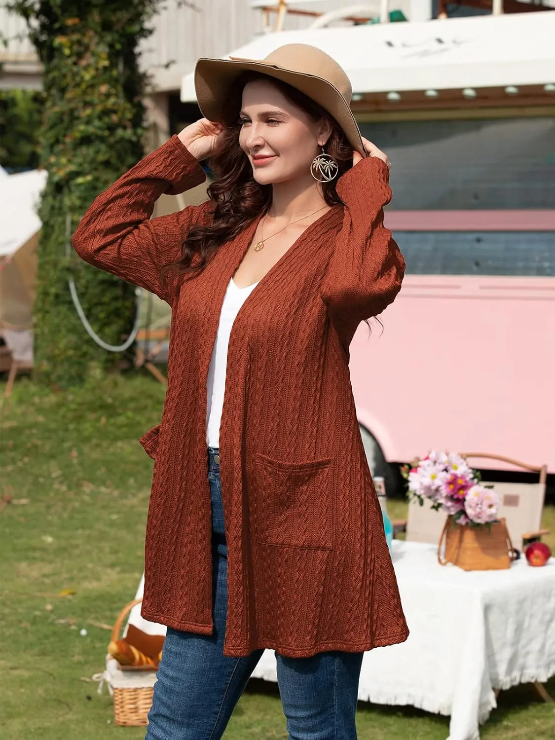 BELAROI Womens Open Front Cardigan Cable Knit Sweaters Plus Size Long Sleeve Tops Loose Fall Outwear Coat with Pockets