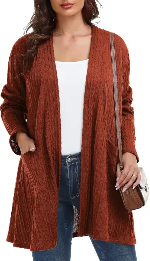 BELAROI Womens Open Front Cardigan Cable Knit Sweaters Plus Size Long Sleeve Tops Loose Fall Outwear Coat with Pockets