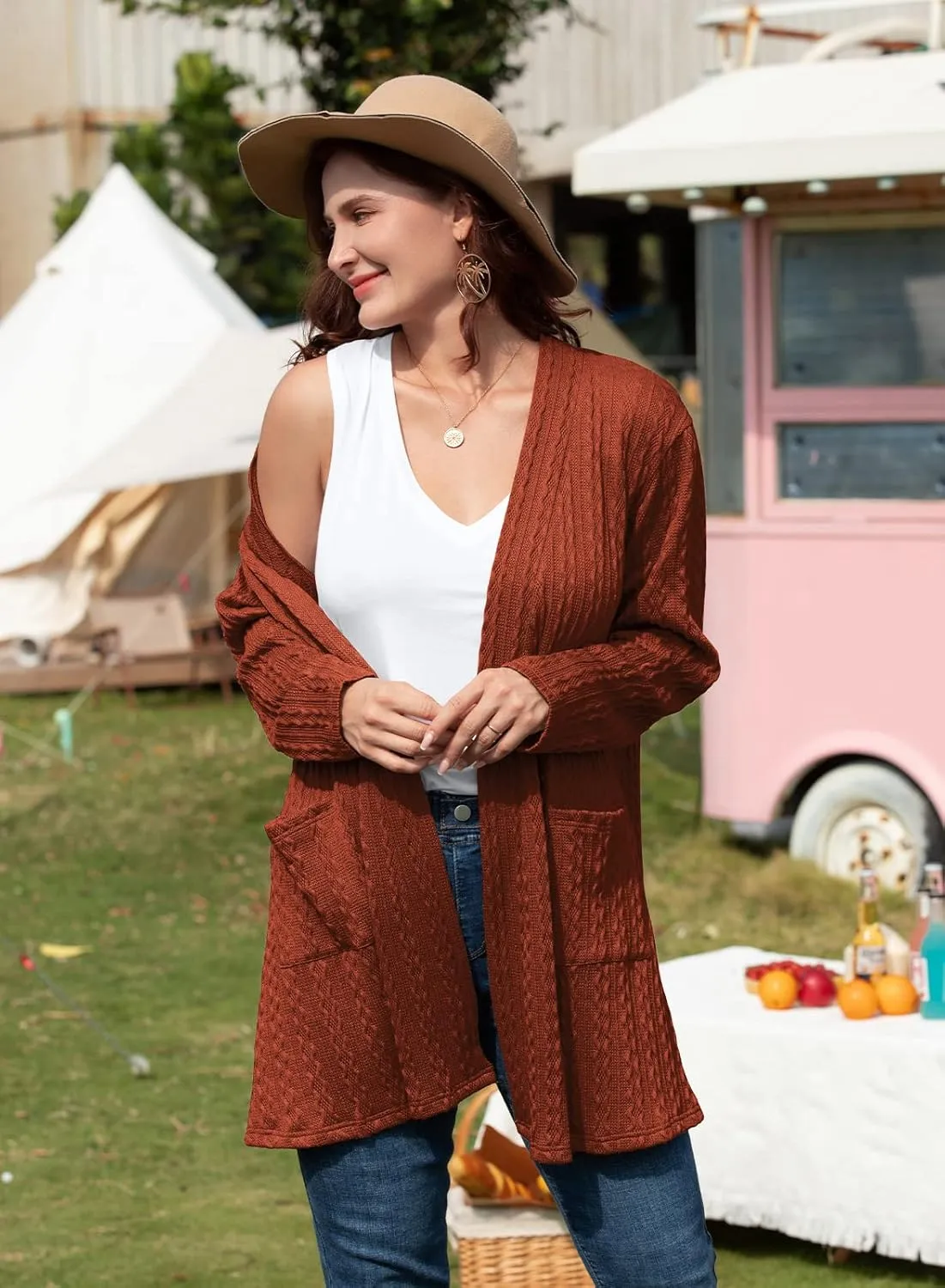 BELAROI Womens Open Front Cardigan Cable Knit Sweaters Plus Size Long Sleeve Tops Loose Fall Outwear Coat with Pockets