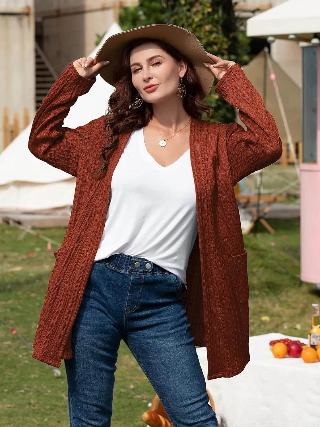 BELAROI Womens Open Front Cardigan Cable Knit Sweaters Plus Size Long Sleeve Tops Loose Fall Outwear Coat with Pockets