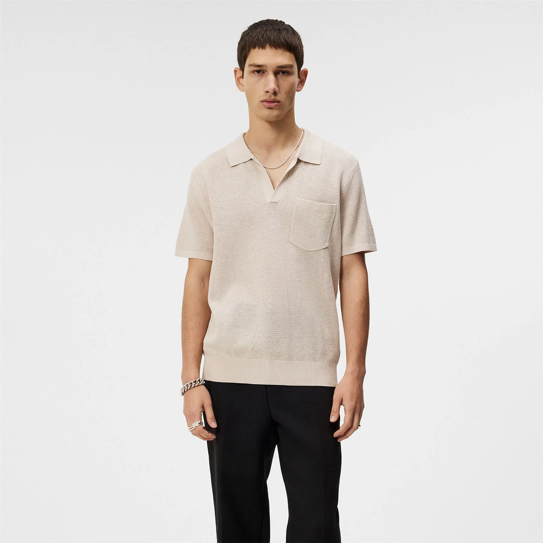 Ben Slim Fit Open Collar Silk Polo Moonbeam - SS24