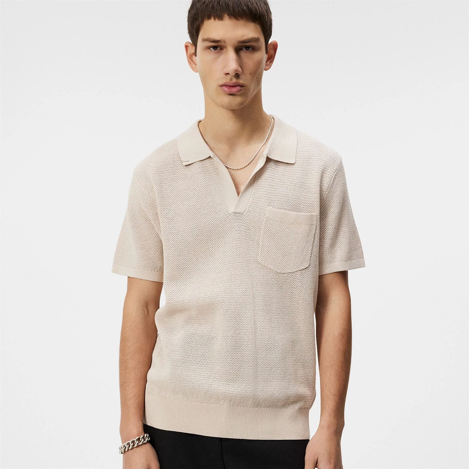 Ben Slim Fit Open Collar Silk Polo Moonbeam - SS24