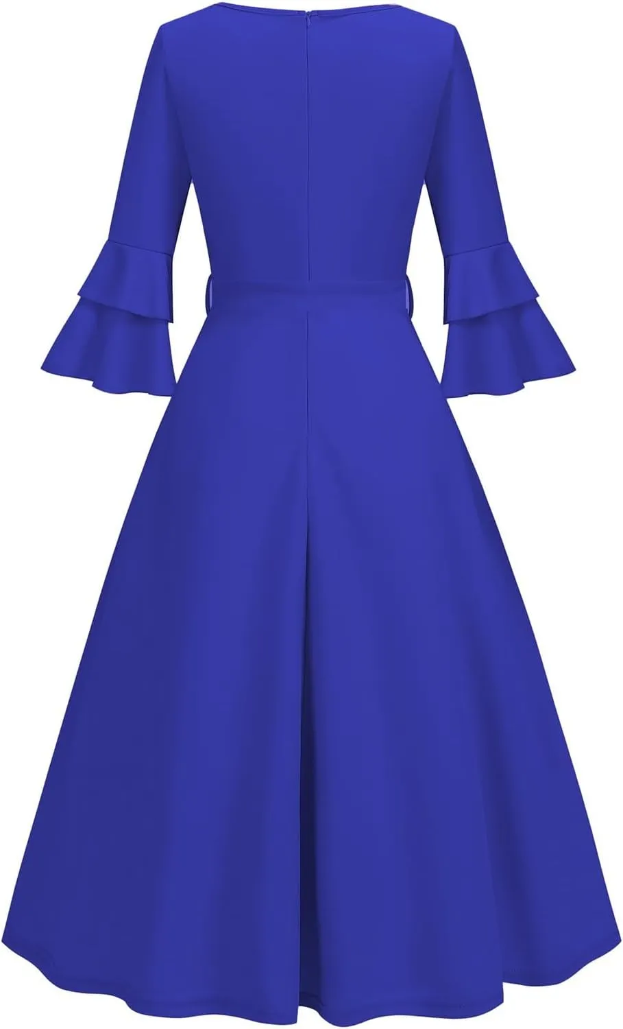 Binmer Women's V Neck Dresses Vintage 1950s Cocktail Party Dress 3/4 Ruffle Sleeves A Line Swing Midi Dress with Waist Belt