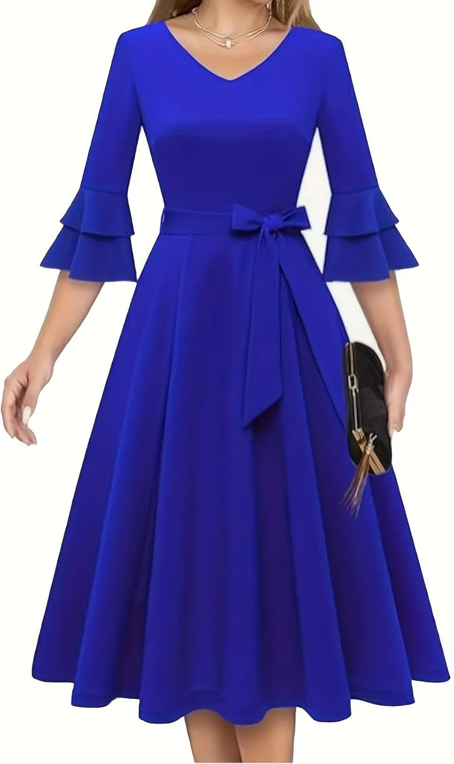 Binmer Women's V Neck Dresses Vintage 1950s Cocktail Party Dress 3/4 Ruffle Sleeves A Line Swing Midi Dress with Waist Belt