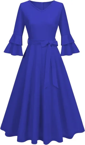 Binmer Women's V Neck Dresses Vintage 1950s Cocktail Party Dress 3/4 Ruffle Sleeves A Line Swing Midi Dress with Waist Belt
