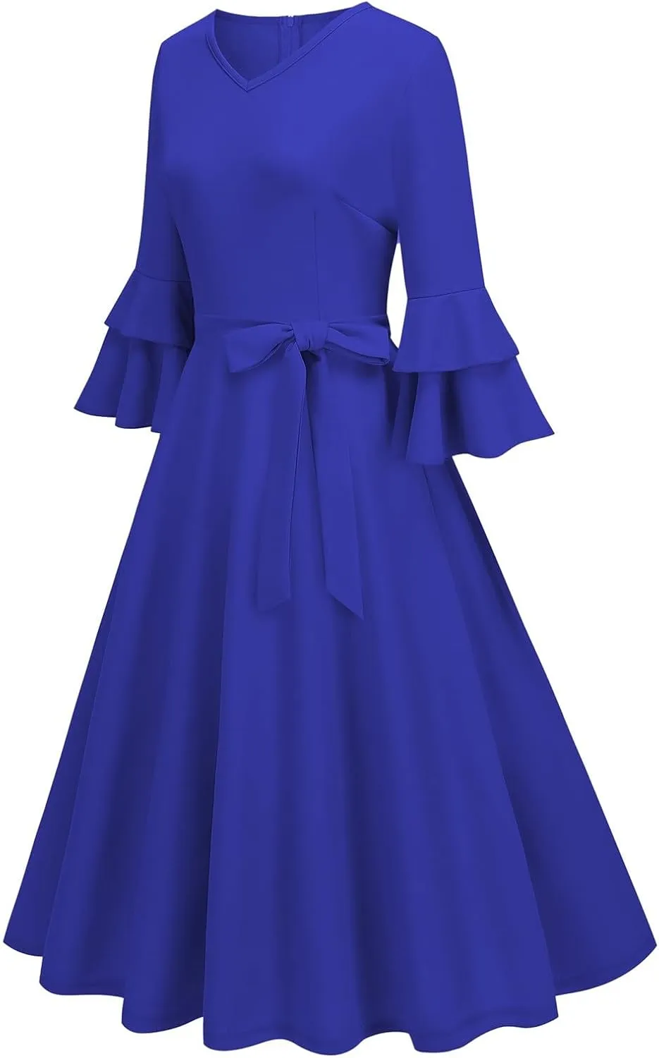Binmer Women's V Neck Dresses Vintage 1950s Cocktail Party Dress 3/4 Ruffle Sleeves A Line Swing Midi Dress with Waist Belt