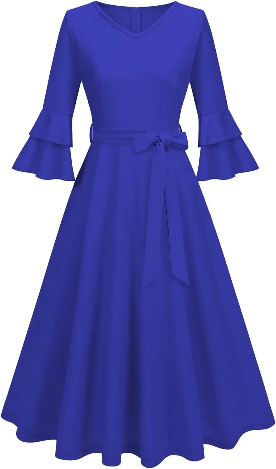 Binmer Women's V Neck Dresses Vintage 1950s Cocktail Party Dress 3/4 Ruffle Sleeves A Line Swing Midi Dress with Waist Belt