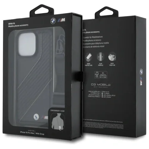 BMW M Series Carbon Stripe & Strap Case for iPhone 16 Pro Max 6.9" Black - BMHCP16X23PSCCK