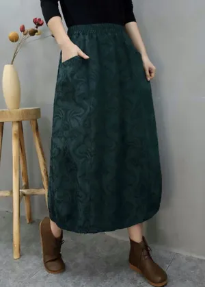 Bohemian Green Pockets Jacquard Cotton Skirts Winter