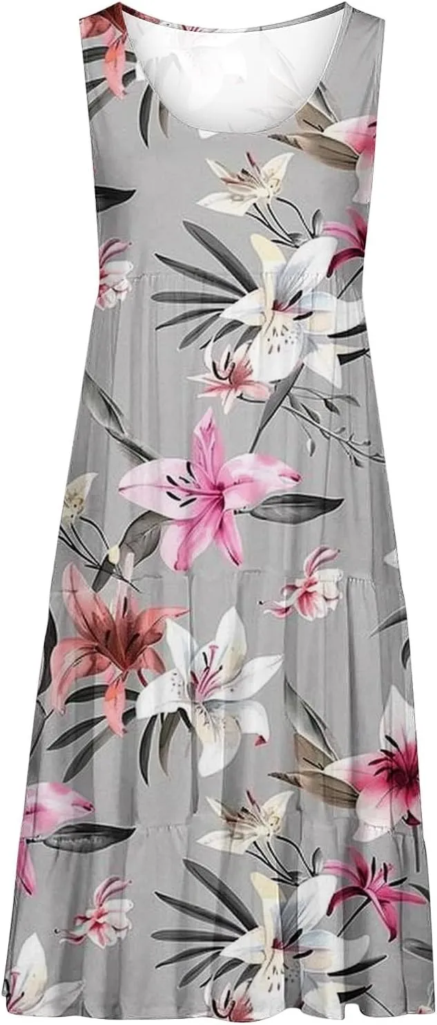 Boho Dresses for Women 2024 Plus Size Hawaii Printed Sleeveless Loose Fit Ruched Sun Dress Knee Length Beach Dress