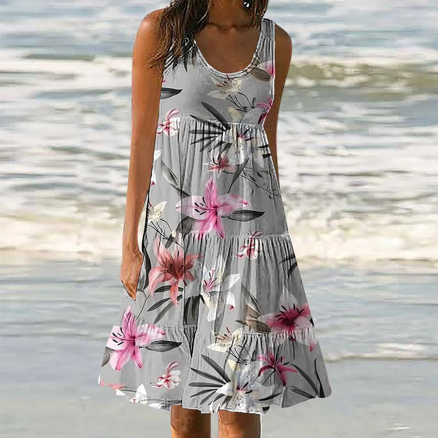 Boho Dresses for Women 2024 Plus Size Hawaii Printed Sleeveless Loose Fit Ruched Sun Dress Knee Length Beach Dress