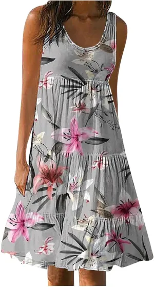 Boho Dresses for Women 2024 Plus Size Hawaii Printed Sleeveless Loose Fit Ruched Sun Dress Knee Length Beach Dress