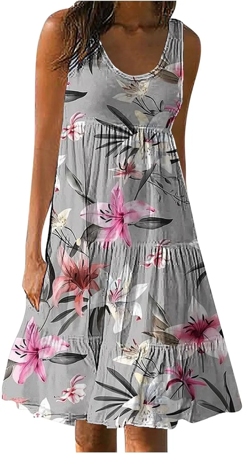 Boho Dresses for Women 2024 Plus Size Hawaii Printed Sleeveless Loose Fit Ruched Sun Dress Knee Length Beach Dress