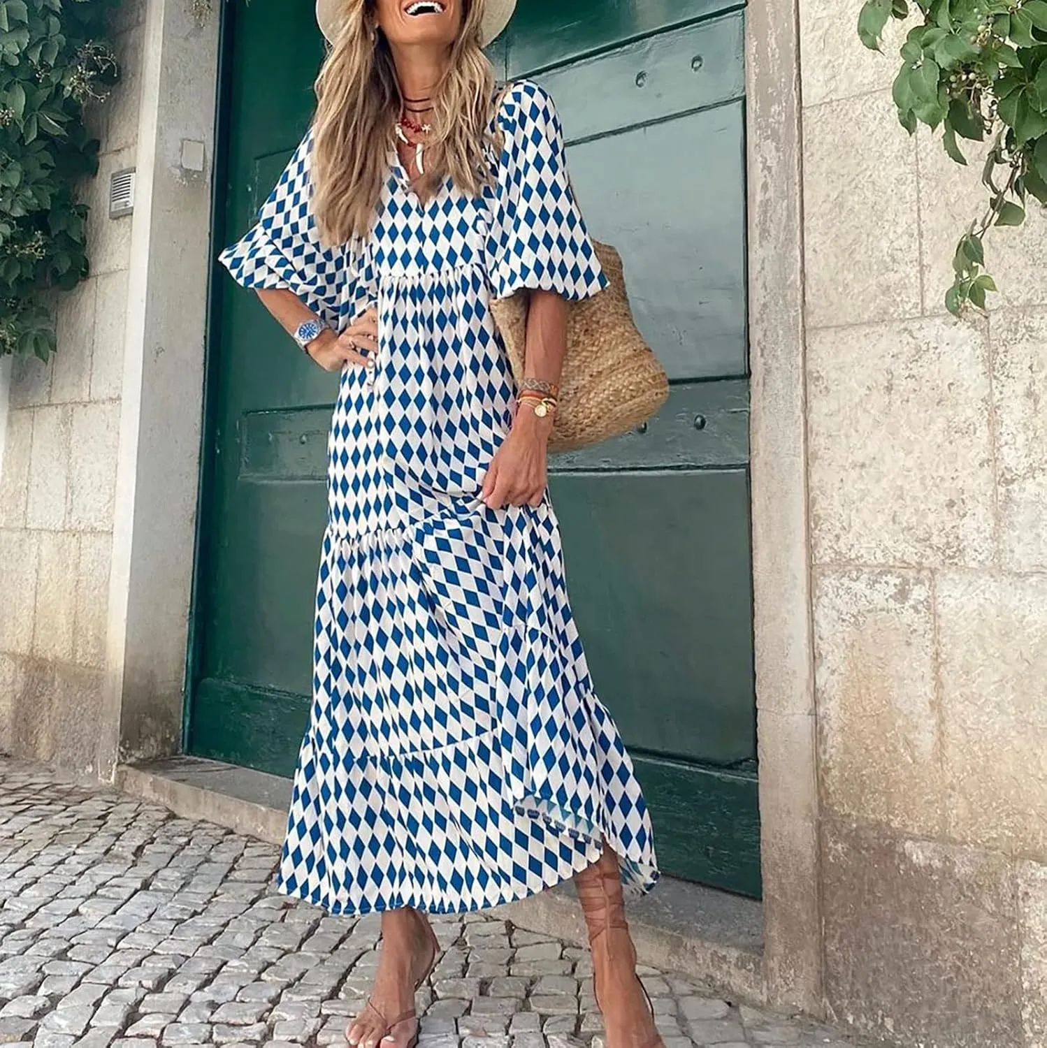 Boho Maxi Dresses for Women 2025 Summer Casual Loose Fit Long Beach Dress Half Sleeve V Neck Flowy Tiered Sundresses