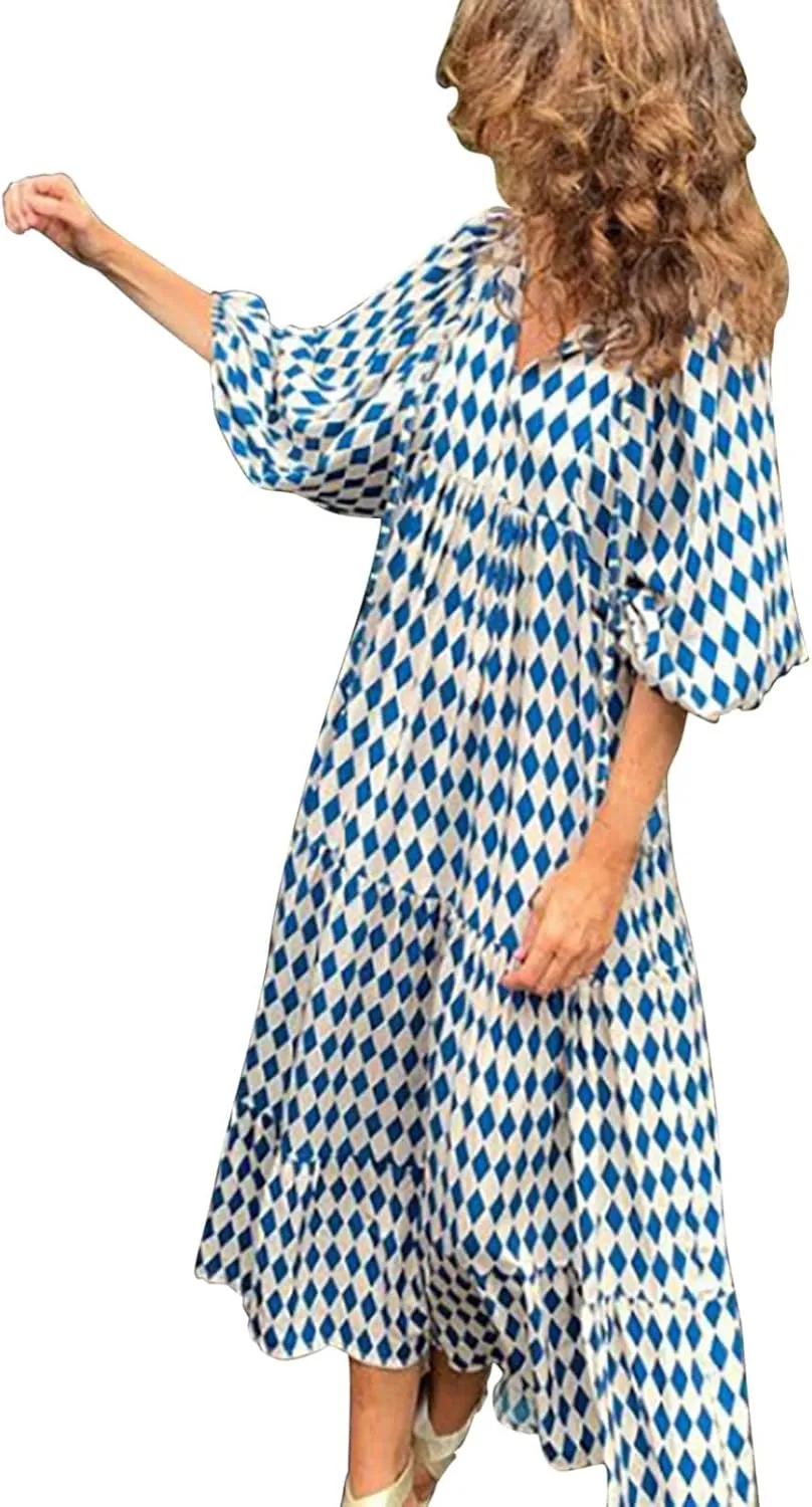 Boho Maxi Dresses for Women 2025 Summer Casual Loose Fit Long Beach Dress Half Sleeve V Neck Flowy Tiered Sundresses