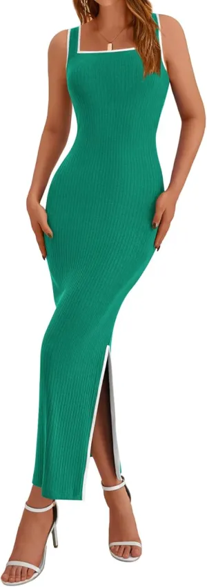 BTFBM Women's 2025 Summer Knit Bodycon Maxi Dress Sleeveless Square Neck Slit Tank Party Club Ribbed Sweater Dresses