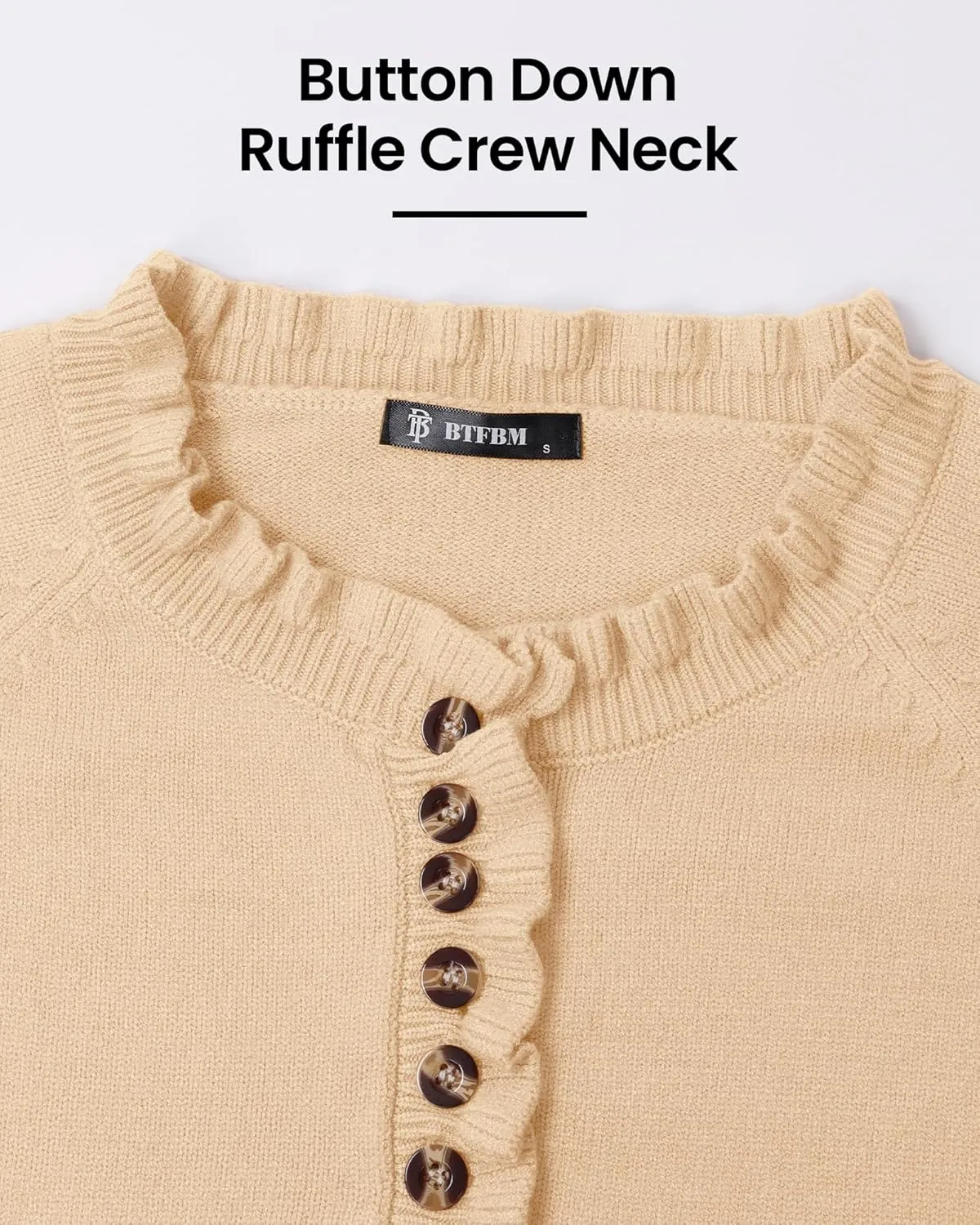 BTFBM Womens Sweaters Fall Winter Clothes 2025 Long Sleeve Button Down Ruffle Crew Neck Casual Knitted Pullover Tops