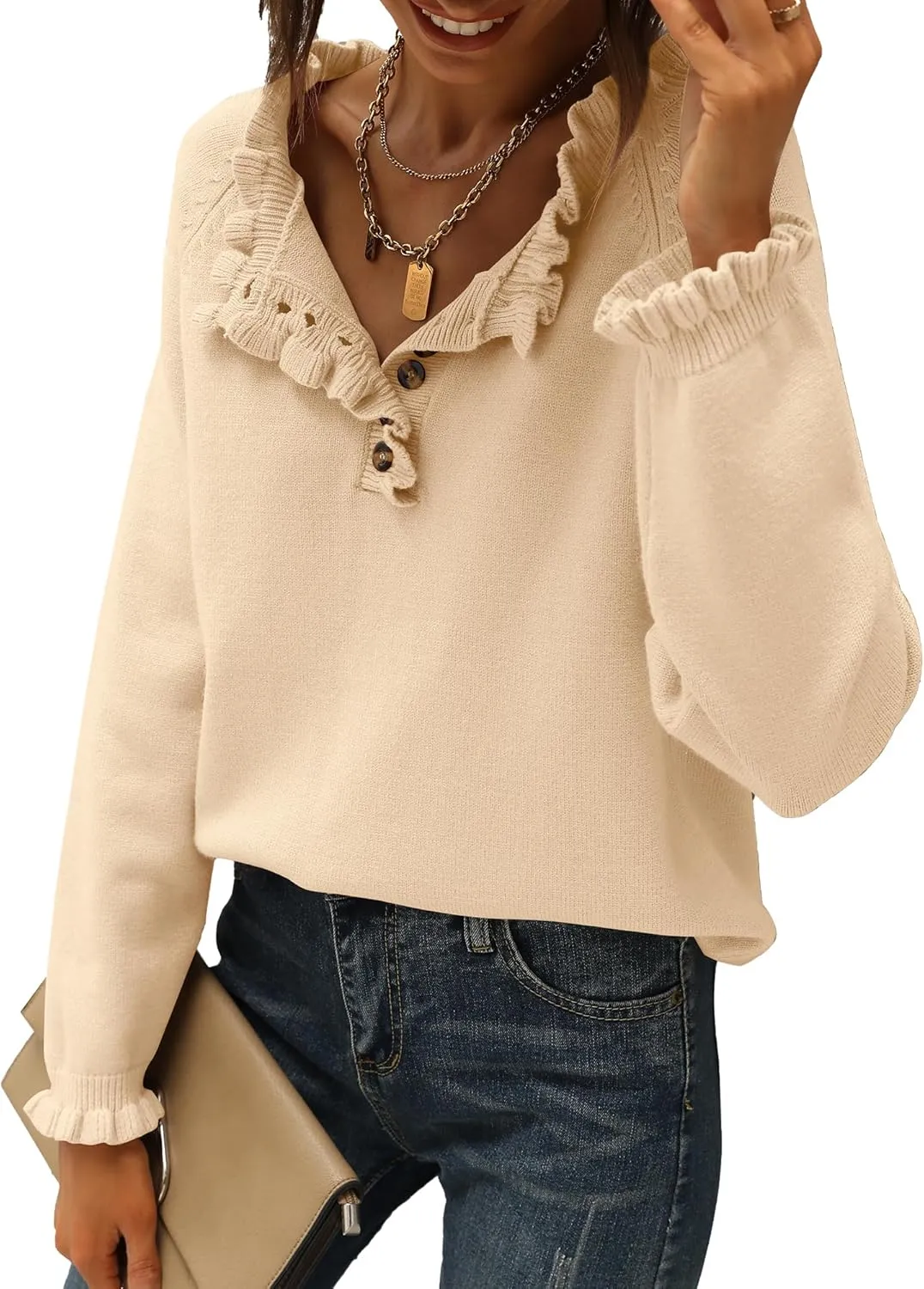 BTFBM Womens Sweaters Fall Winter Clothes 2025 Long Sleeve Button Down Ruffle Crew Neck Casual Knitted Pullover Tops