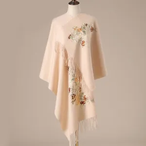 Buddha Stones Wool Shawl Red Flower Silver Leaves Embroidery Tassel Winter Cozy Travel Scarf Wrap