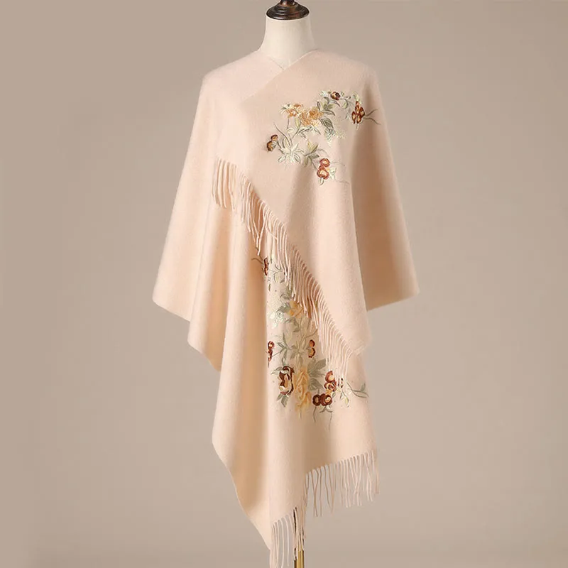 Buddha Stones Wool Shawl Red Flower Silver Leaves Embroidery Tassel Winter Cozy Travel Scarf Wrap