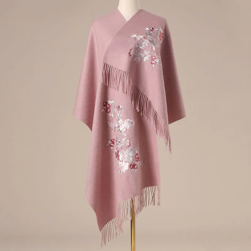 Buddha Stones Wool Shawl Red Flower Silver Leaves Embroidery Tassel Winter Cozy Travel Scarf Wrap