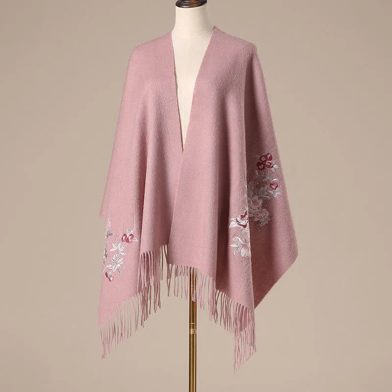 Buddha Stones Wool Shawl Red Flower Silver Leaves Embroidery Tassel Winter Cozy Travel Scarf Wrap