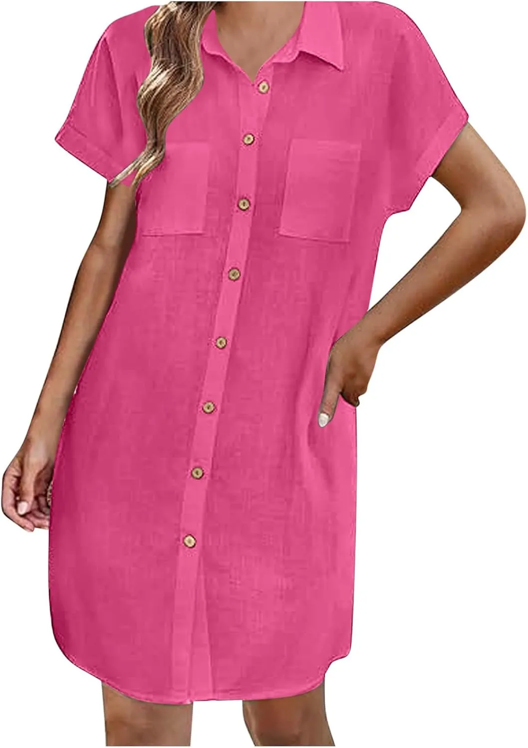 Button Down Tshirt Dresses Womens Short Sleeve Lapel Collar Work Dress with Pockets Loose Beach Coverups Mini Dress