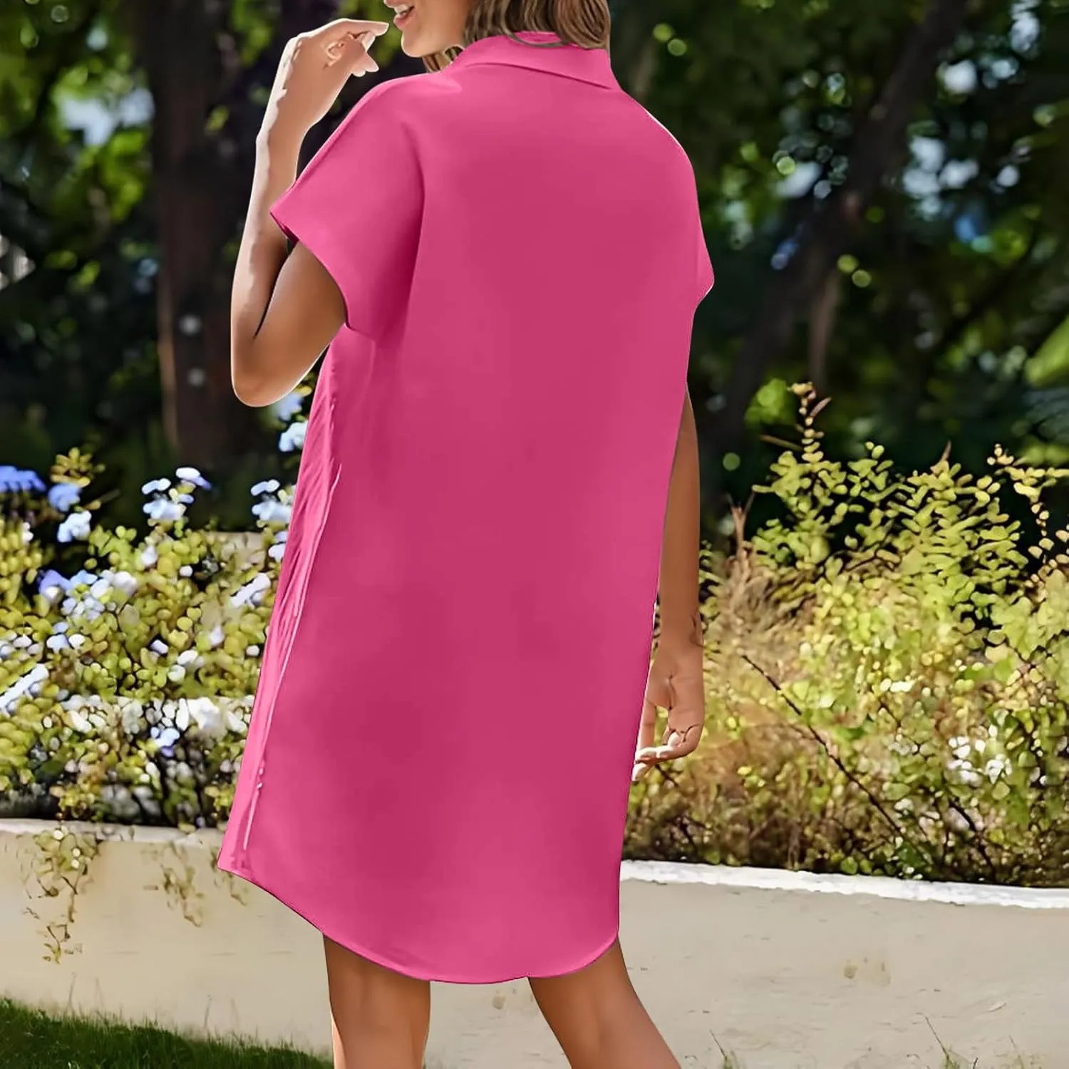 Button Down Tshirt Dresses Womens Short Sleeve Lapel Collar Work Dress with Pockets Loose Beach Coverups Mini Dress