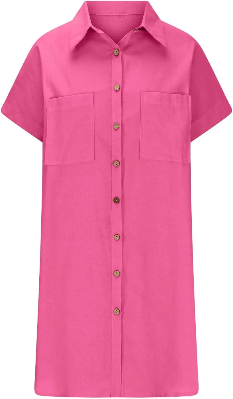 Button Down Tshirt Dresses Womens Short Sleeve Lapel Collar Work Dress with Pockets Loose Beach Coverups Mini Dress