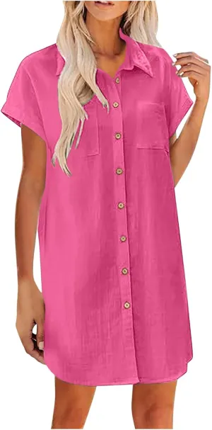 Button Down Tshirt Dresses Womens Short Sleeve Lapel Collar Work Dress with Pockets Loose Beach Coverups Mini Dress