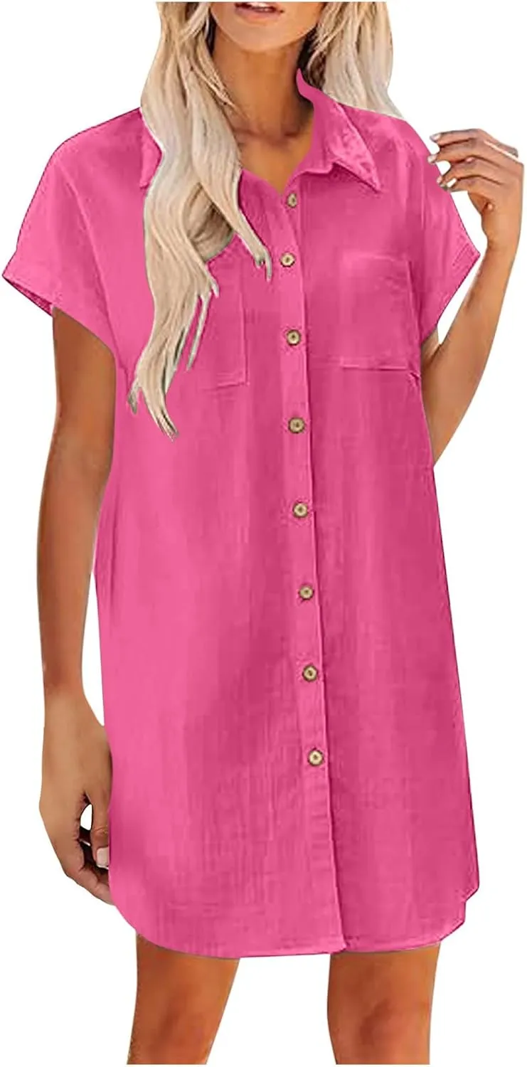 Button Down Tshirt Dresses Womens Short Sleeve Lapel Collar Work Dress with Pockets Loose Beach Coverups Mini Dress