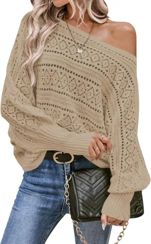 Cakulo Womens Off The Shoulder Sweater Top Fall 2025 Oversized Knit Batwing Long Sleeve Crochet Pullover Sweaters