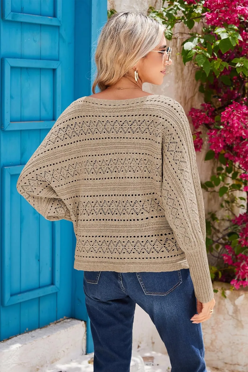 Cakulo Womens Off The Shoulder Sweater Top Fall 2025 Oversized Knit Batwing Long Sleeve Crochet Pullover Sweaters