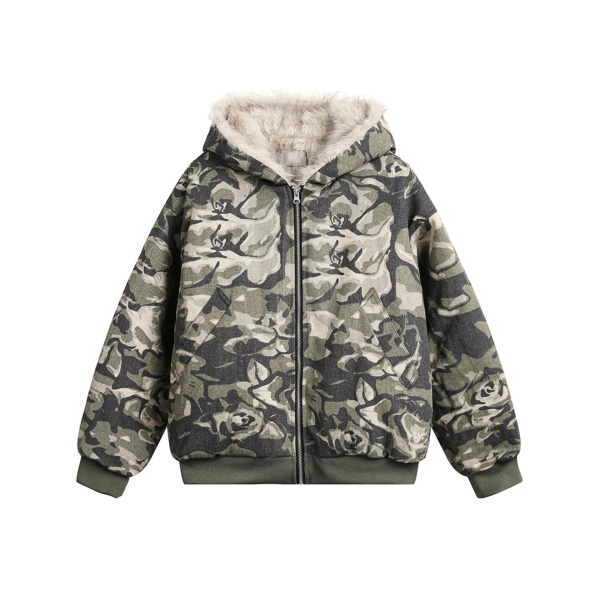 Camouflage Fur Zipped Jacket