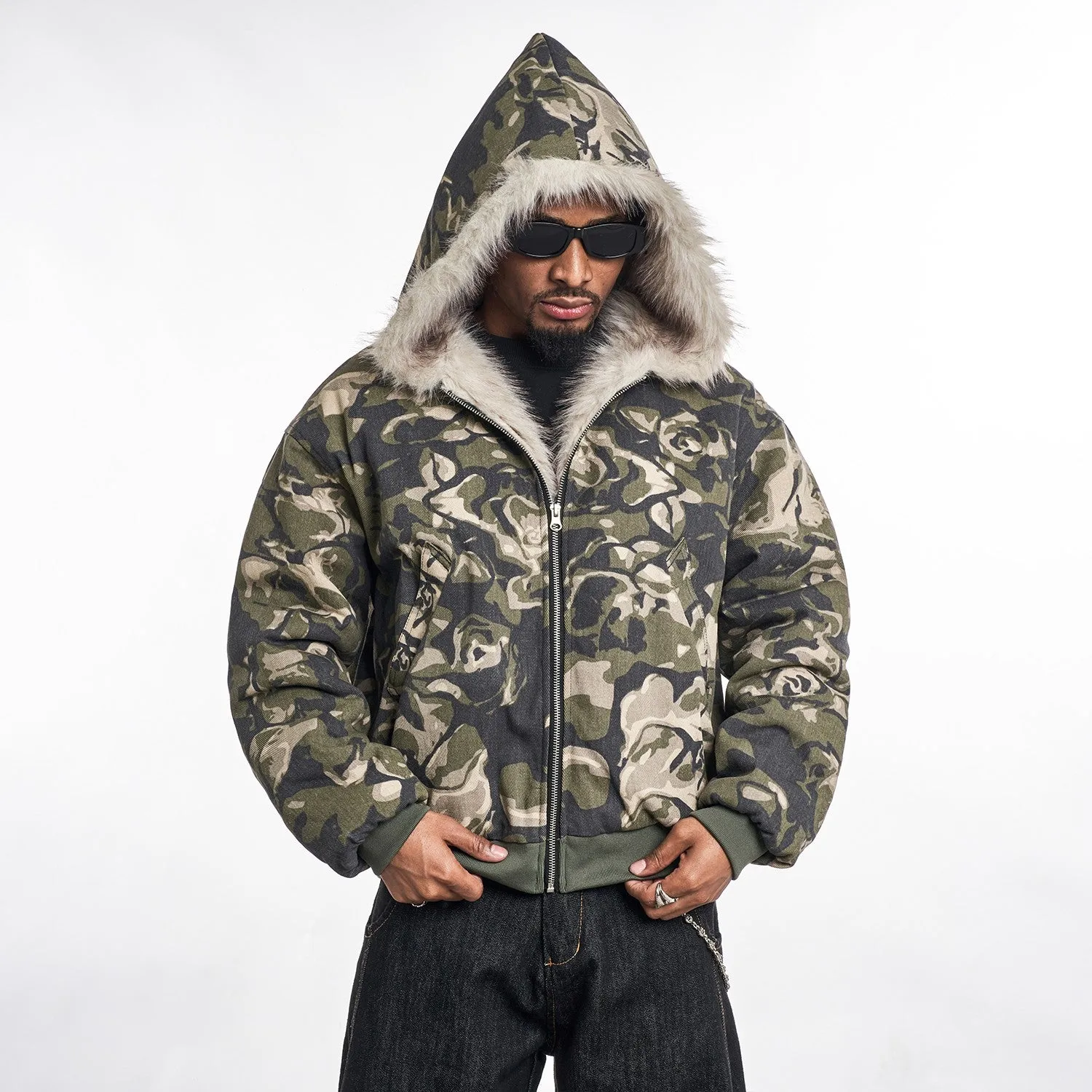 Camouflage Fur Zipped Jacket